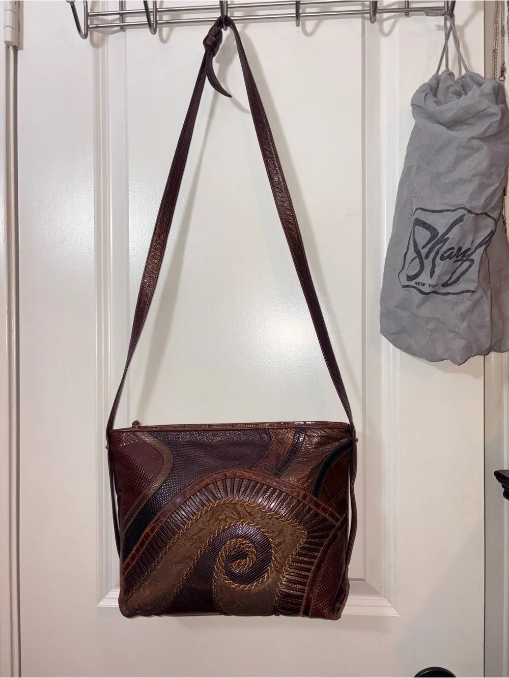 Vintage 80s Sharif Patchwork Leather Shoulder Bag Croc Snake Spiral